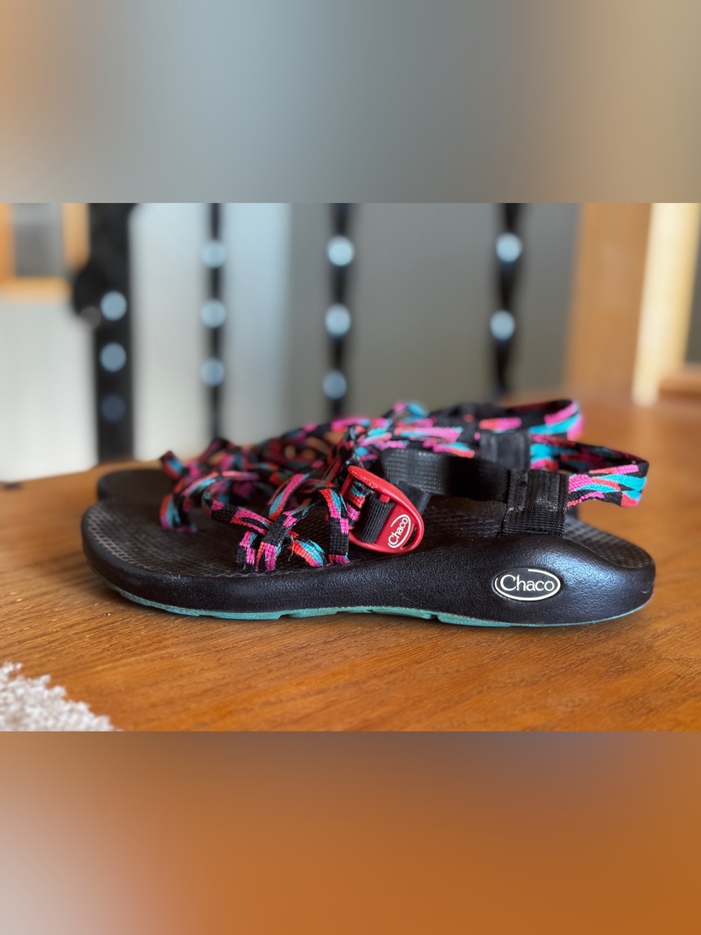 Chaco Multicolor Strappy Sandals with Black Footbed and Teal & Pink Accents